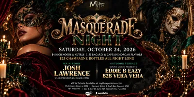 Flyer for Saturday Night at Myth Nightclub – Masquerade Night