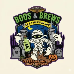 Flyer for Veterans United Brewing Boos and Brews 5k Race / 1 mile fun run