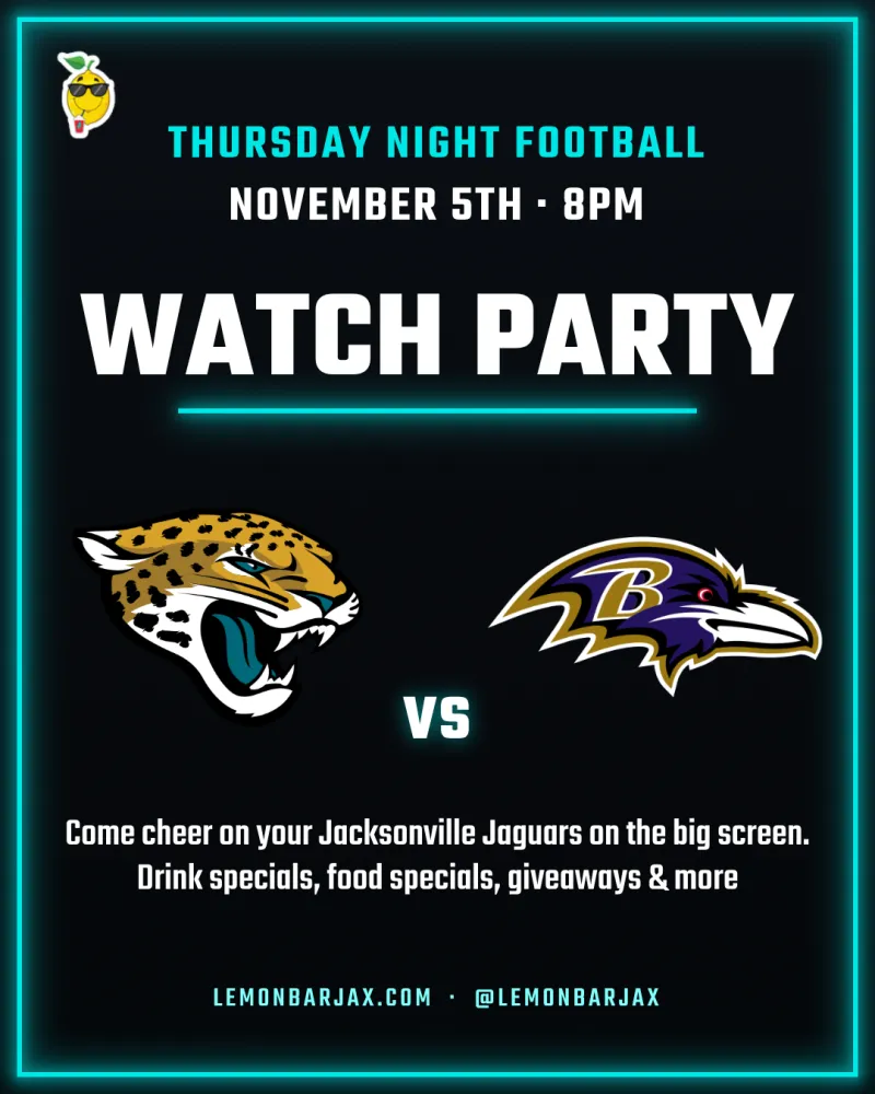 Flyer for Jaguars vs Ravens TNF watch party