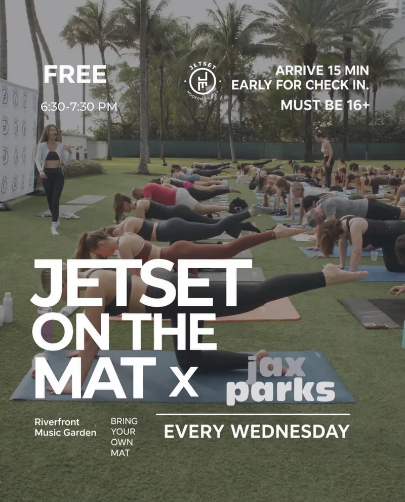 Flyer for JETSET Pilates at the Riverfront Music Garden