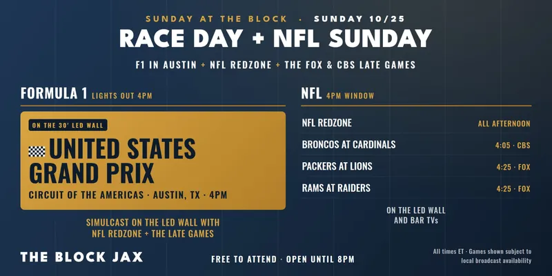 Flyer for RACE DAY + NFL SUNDAY: F1 United States Grand Prix & 4PM NFL Games