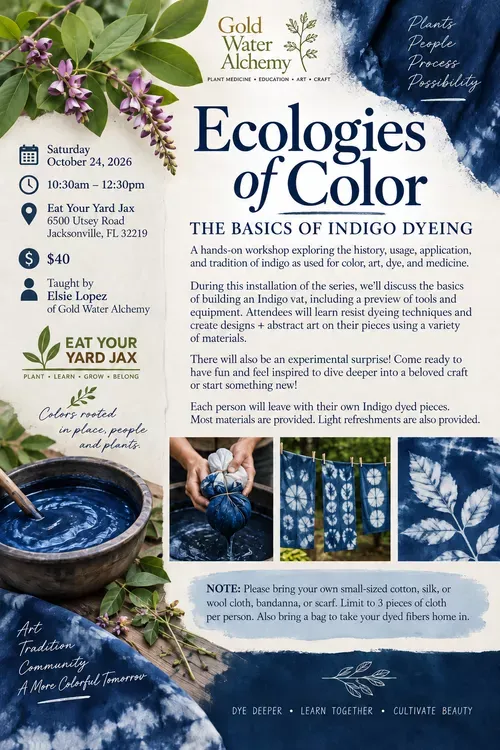 Flyer for Ecologies of Color: Basics of Indigo Resist Dyeing
