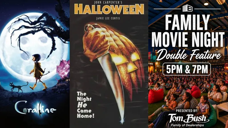 Flyer for Family Movie Night: Double Feature 5PM CORALINE & 7PM HALLOWEEN