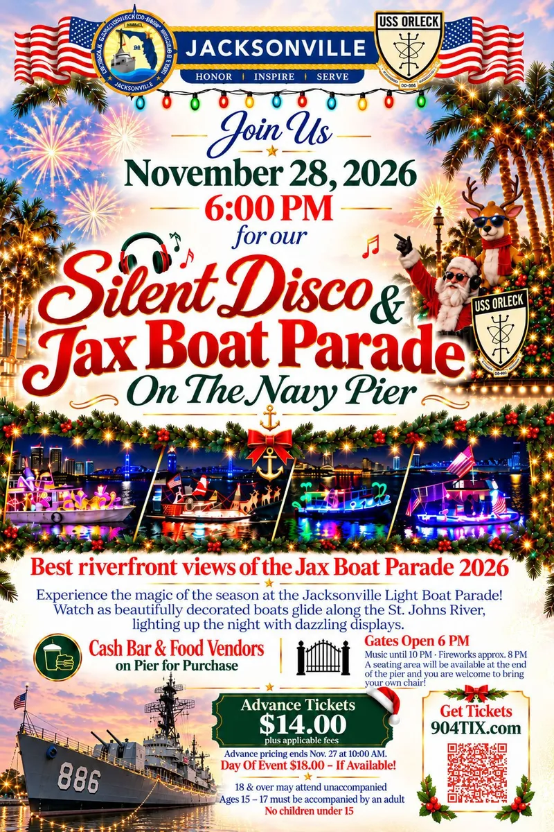 Flyer for Silent Disco & Jax Boat Parade Pier Side