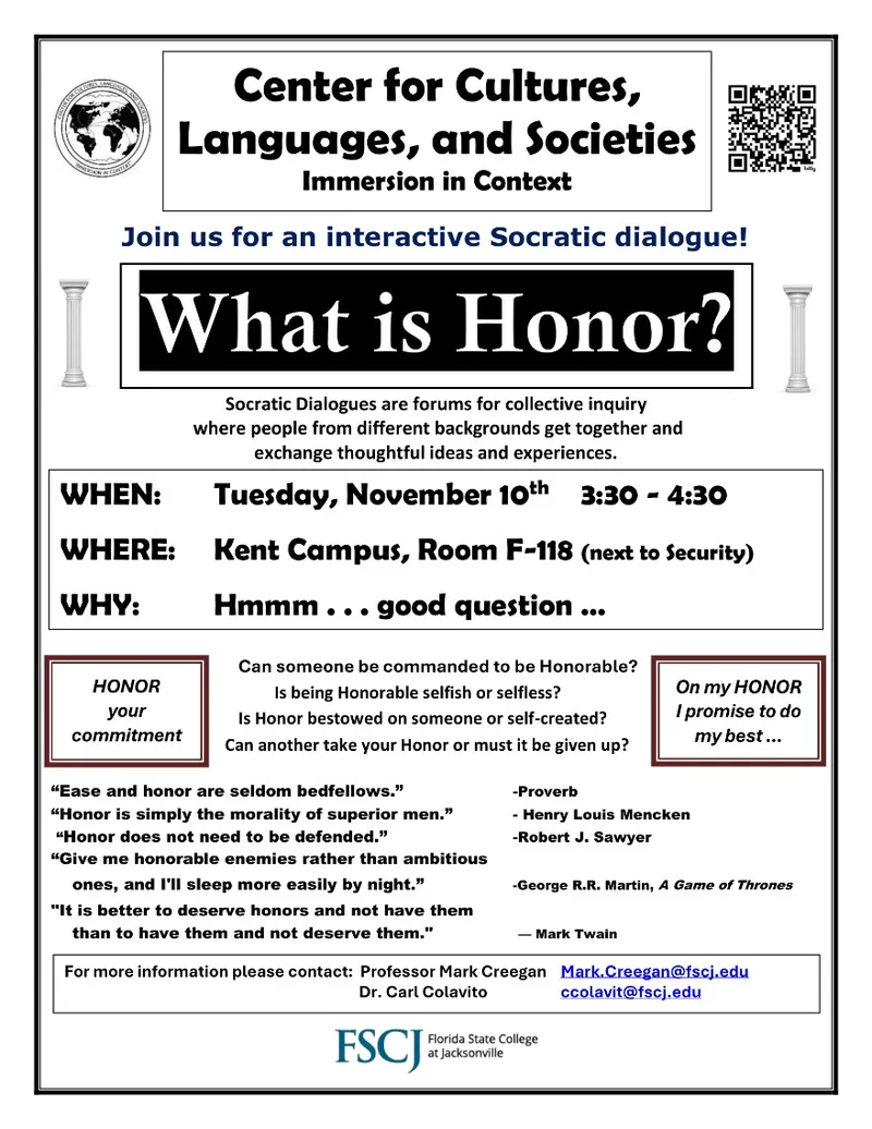 Flyer for Socratic Dialogue "What is Honor?"