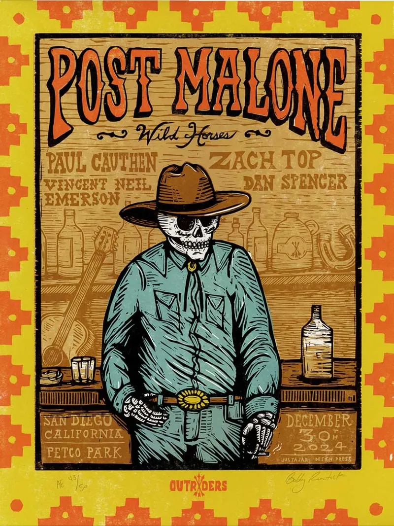 Flyer for Reception for Lonesome Pines: Woodcut Prints & Gig Posters by Bobby Rosenstock of JustAJar Design Press
