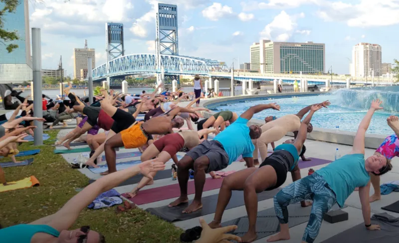 Flyer for First Thursday Yoga at Friendship Fountain