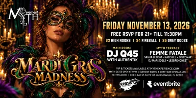 Flyer for Myth Nightclub Presents: Ignite Fridays – Mardi Gras Madness